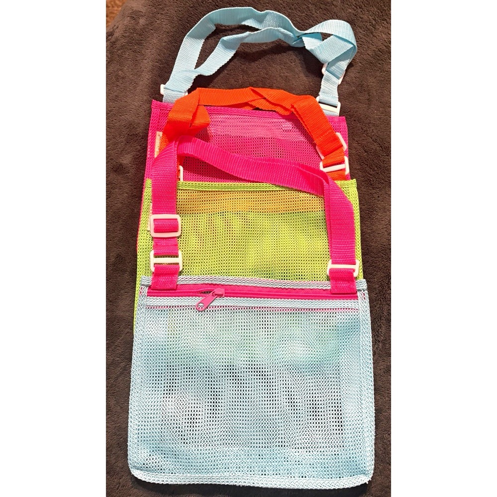 3 Pack Mesh Beach Tote Bags Kids Pool Toy Organizers Crossbody Shoulder Bags